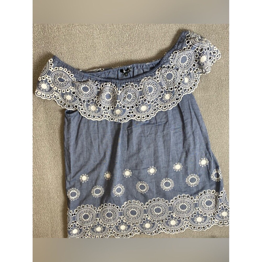 Mirror Image Blue Off-Shoulder Boho Summer Eyelet Lace Trim 100% Cotton Blouse